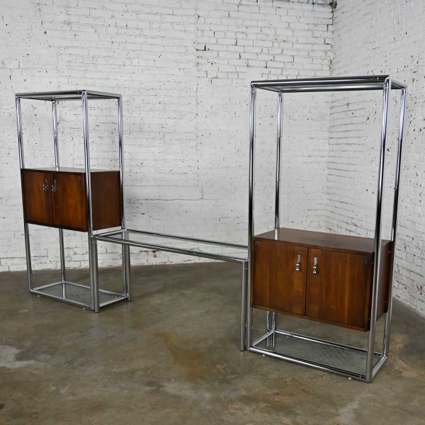 MCM Chrome & Walnut Veneer Entertainment Display Cabinet or Room Divider 3 Piece Unit by Lane Furniture