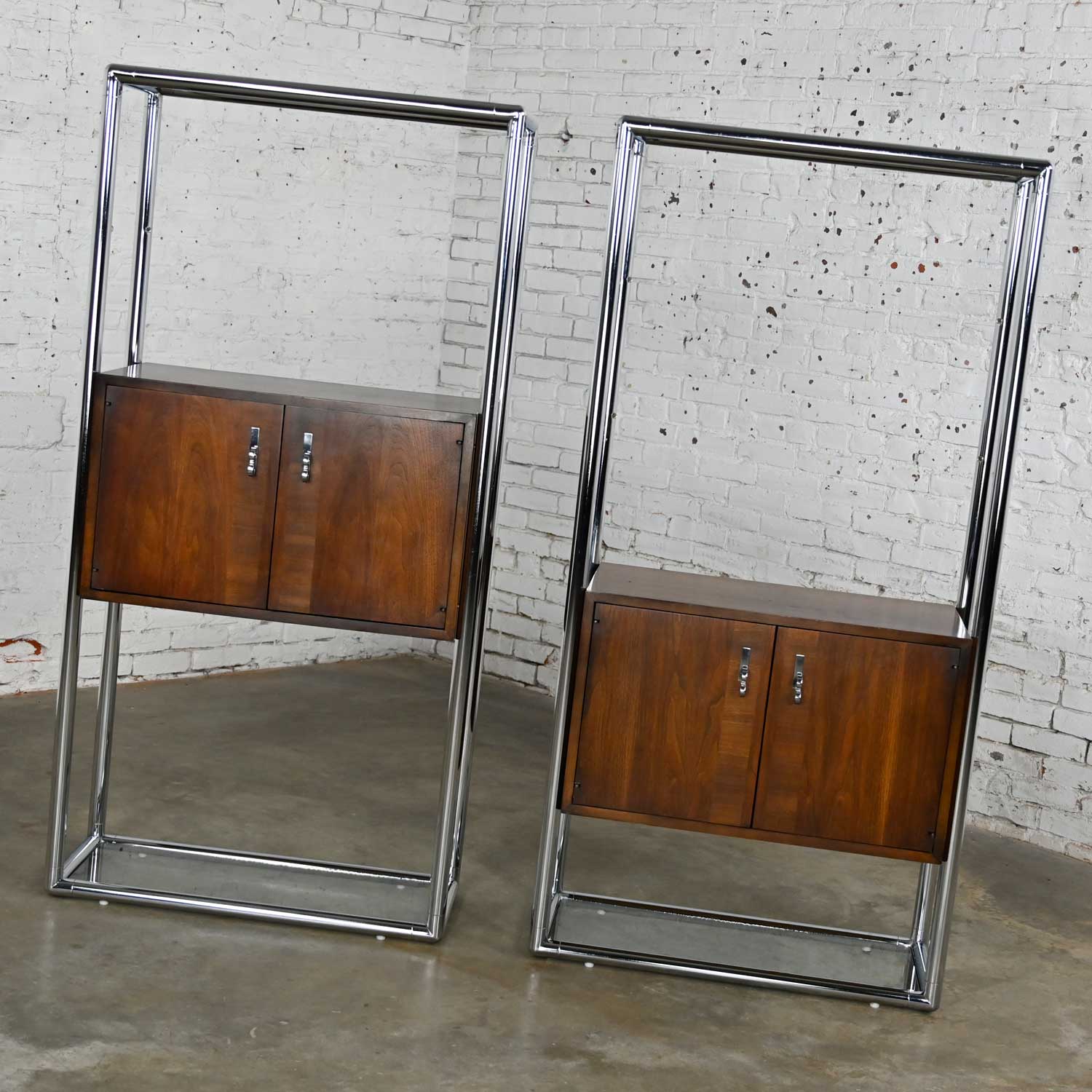 MCM Chrome & Walnut Veneer Entertainment Display Cabinet or Room Divider 3 Piece Unit by Lane Furniture