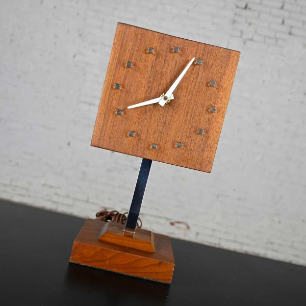 Mid-Century Modern Walnut & Chrome Cube Clock Lamp on Stand by V. H. Woolums Style of Howard Miller Clocks