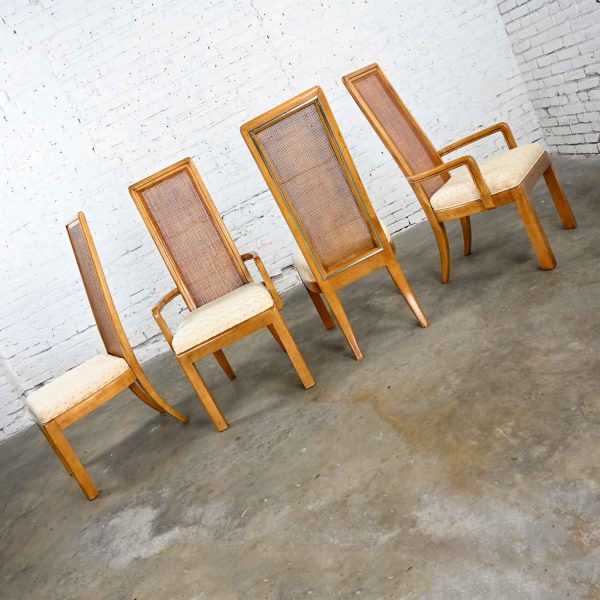 American of Martinsville Campaign Light Wood & Cane Dining Chairs 2 Arm & 2 Side, Set of 4