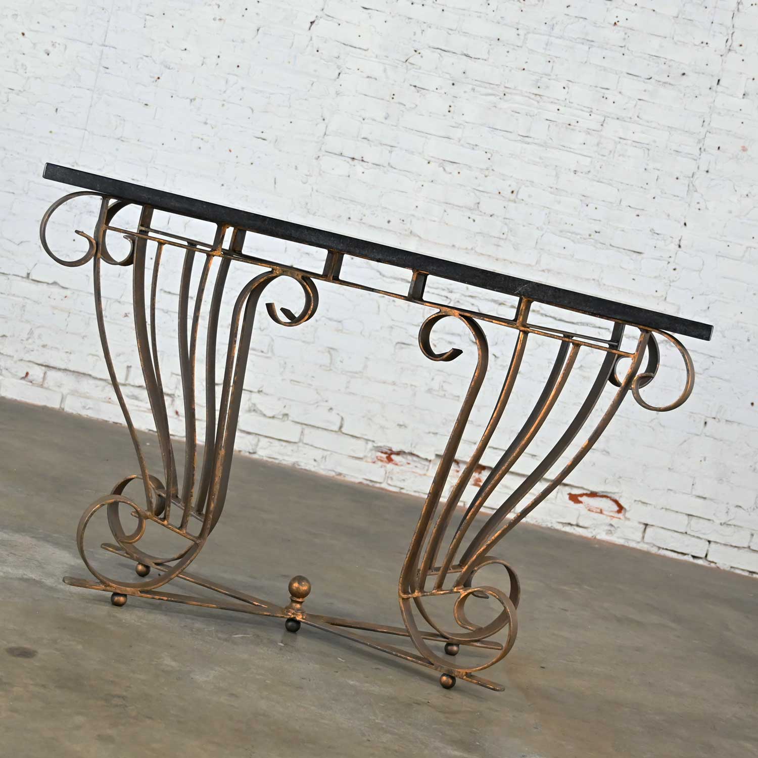 Vintage Art Deco Style Wrought Iron Granite Top Sofa Console Table