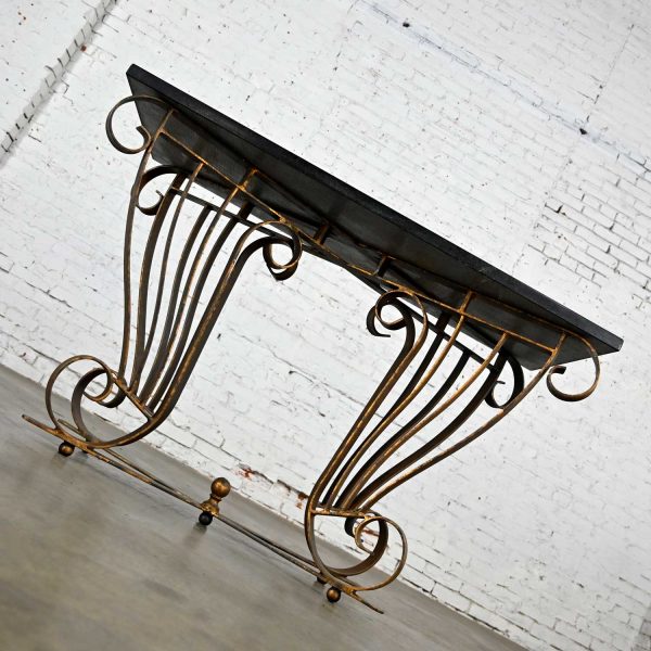 Vintage Art Deco Style Wrought Iron Granite Top Sofa Console Table