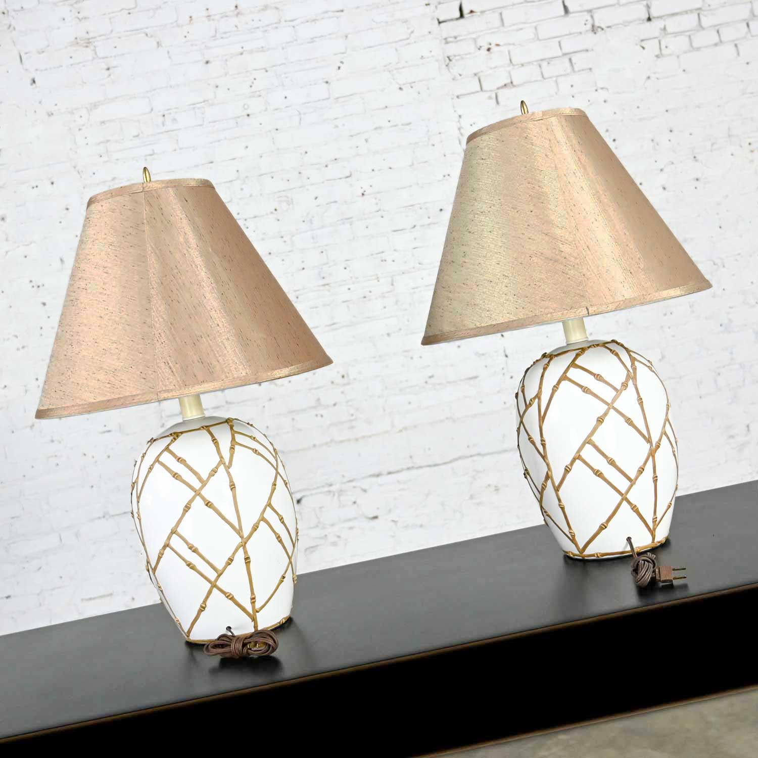 Mid-Century Pair White Chinoiserie Ginger Jar Lamps Gold Frosting Style Applied Bamboo Design