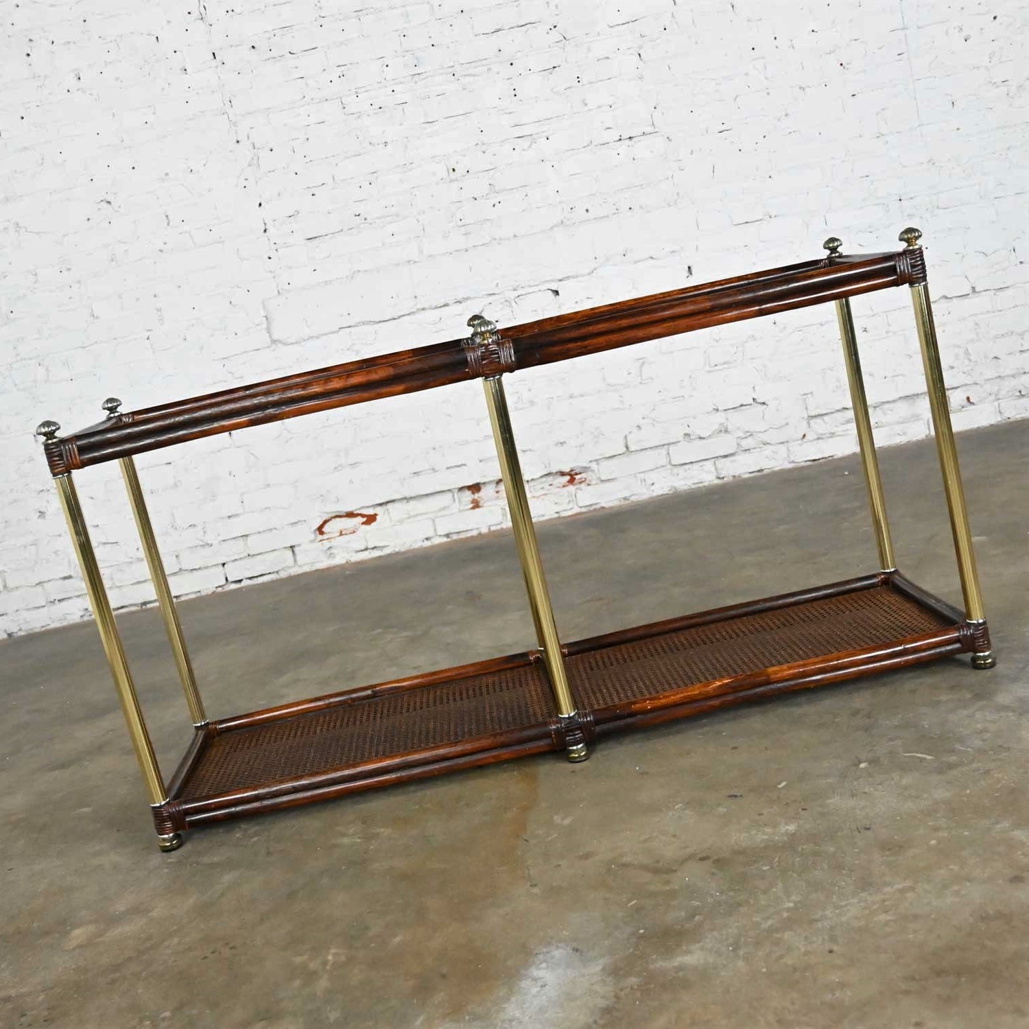 Hollywood Regency Campaign Chinoiserie Style Faux Bamboo Cane & Glass Top Console Sofa Table