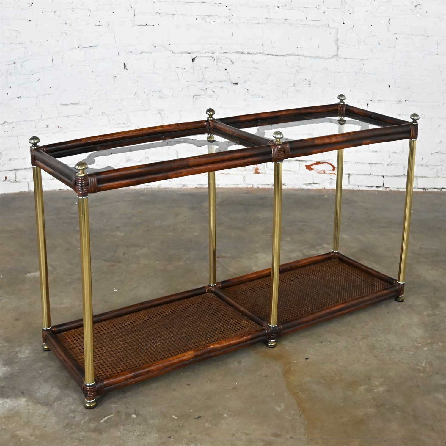 Hollywood Regency Campaign Chinoiserie Style Faux Bamboo Cane & Glass Top Console Sofa Table