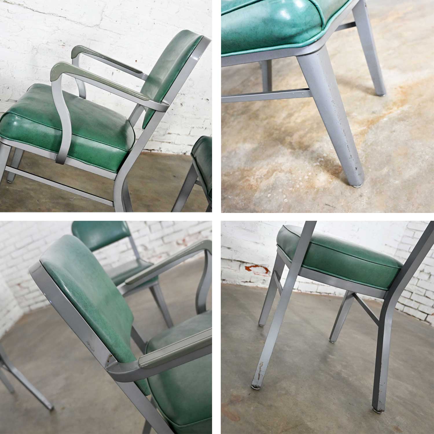 Streamline Industrial Modern Metal & Green Vinyl Faux Leather Dining Chairs Style 145 by Steelcase set of 6