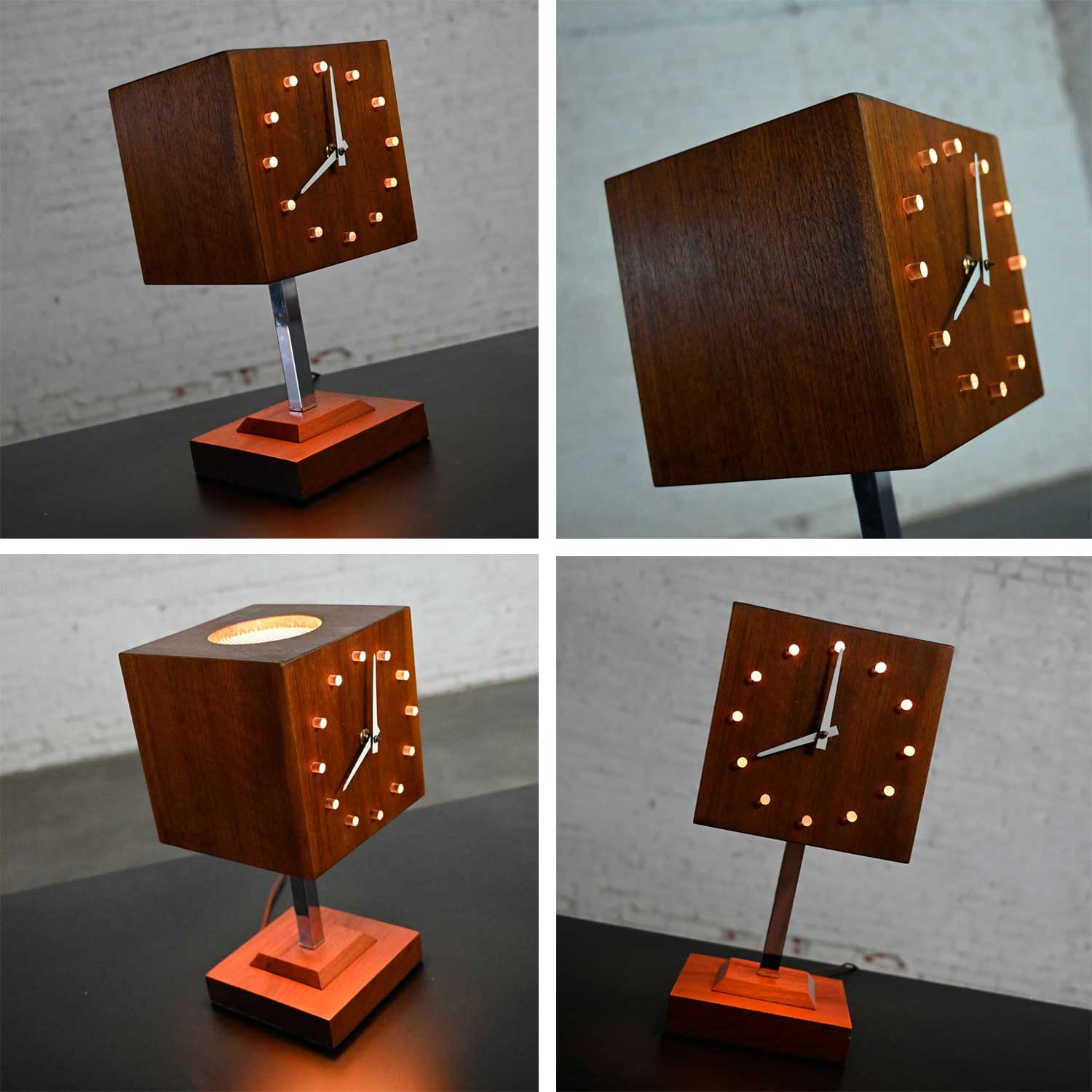 Mid-Century Modern Walnut & Chrome Cube Clock Lamp on Stand by V. H. Woolums Style of Howard Miller Clocks