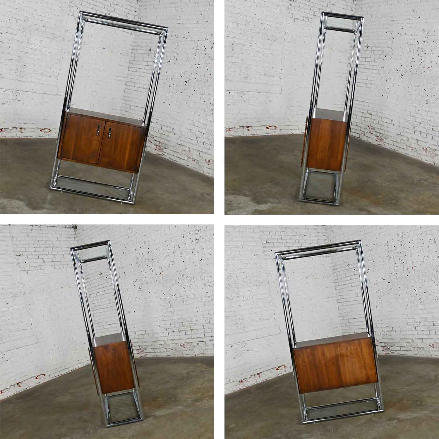 MCM Chrome & Walnut Veneer Entertainment Display Cabinet or Room Divider 3 Piece Unit by Lane Furniture