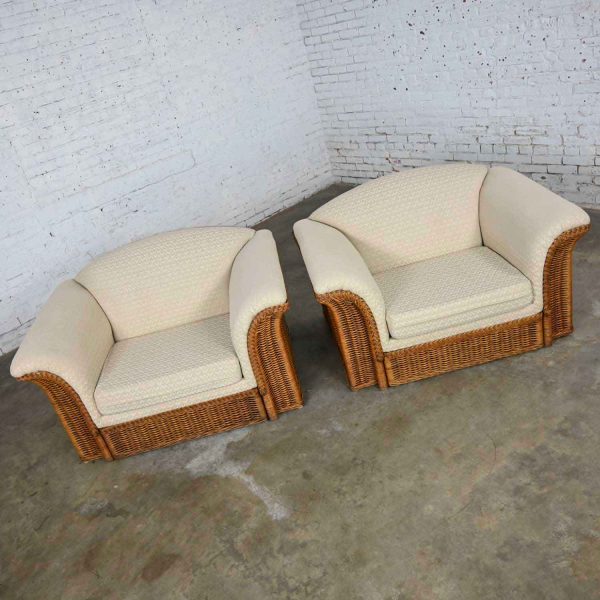 Rattan Wicker Pair of Oversized Lounge Chairs Manner of Michael Taylor