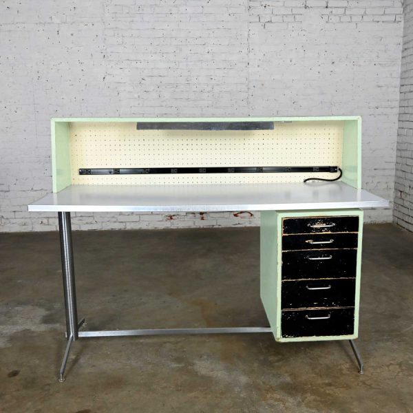 Industrial Mid-Century Modern Distressed Stand Up Desk Worktable by American Optical Consul Furniture Line