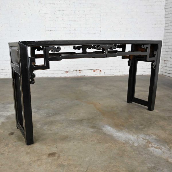 Asian Chinoiserie Distressed Black Finish Alter Style Sofa Console Table