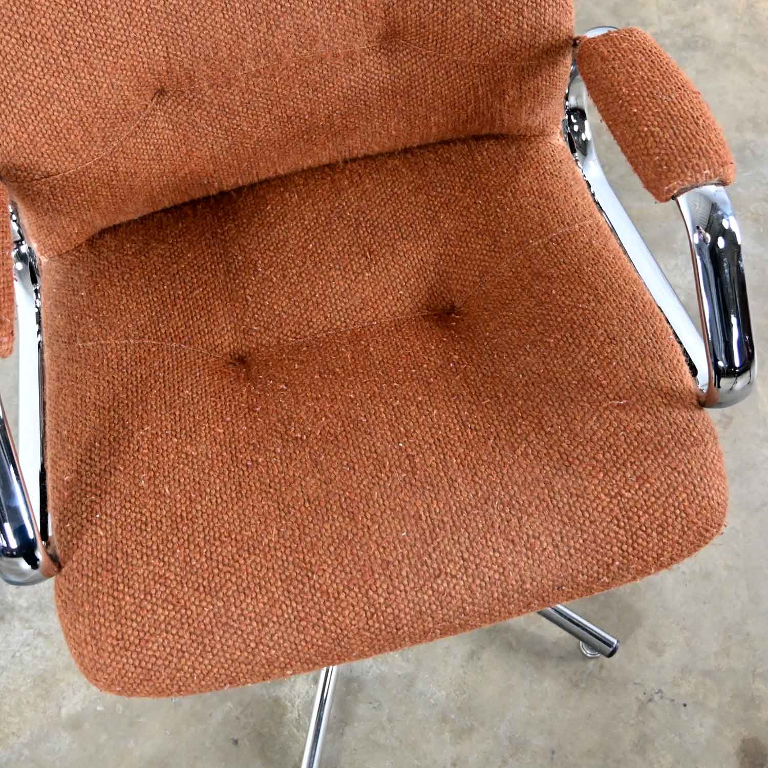 Steelcase Chrome & Original Brown Hopsack Upholstery Swivel Chair Model #454 Style Charles Pollock