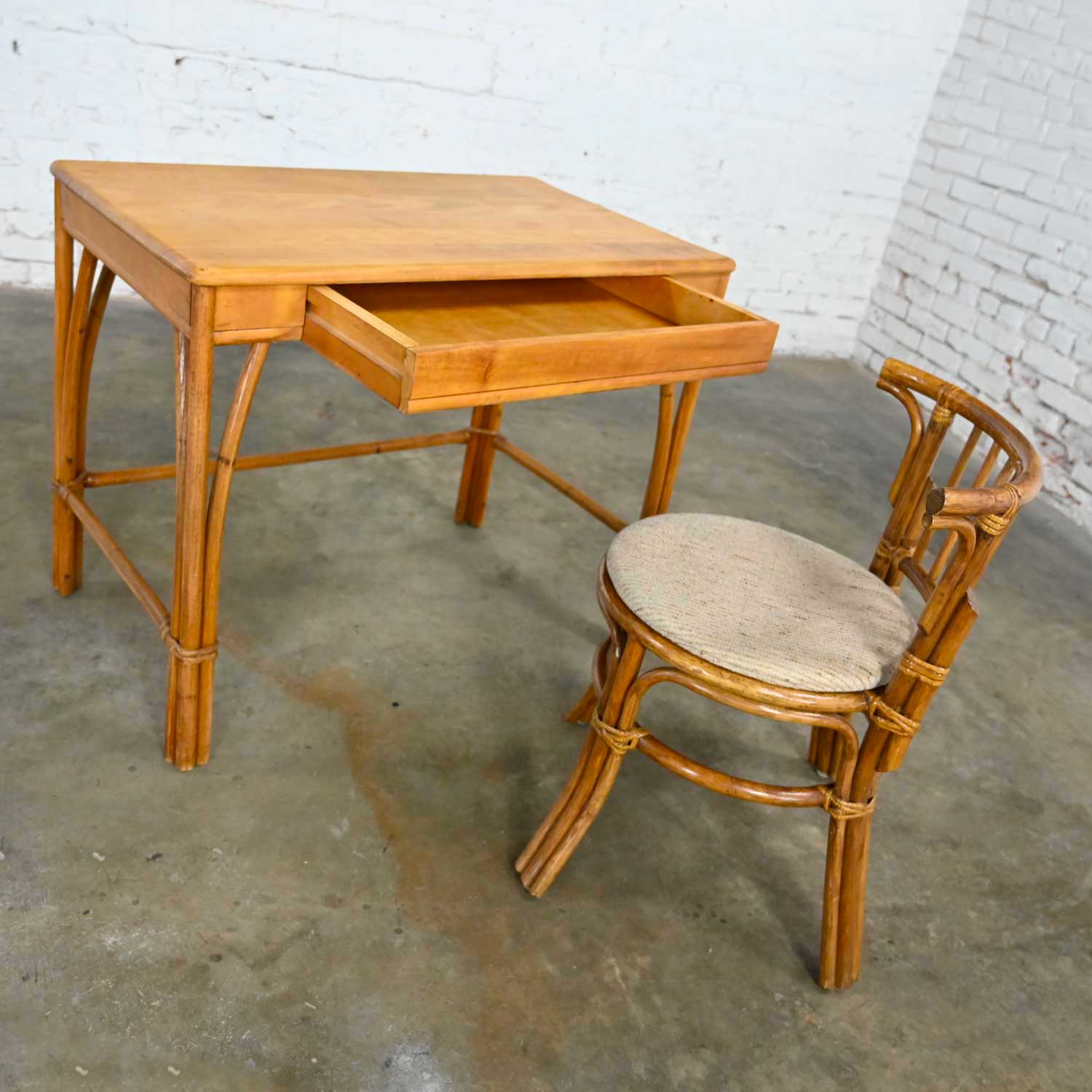 Heywood Wakefield Rattan & Maple Writing Desk Paired with Low Back Chair by Sovereign Furniture