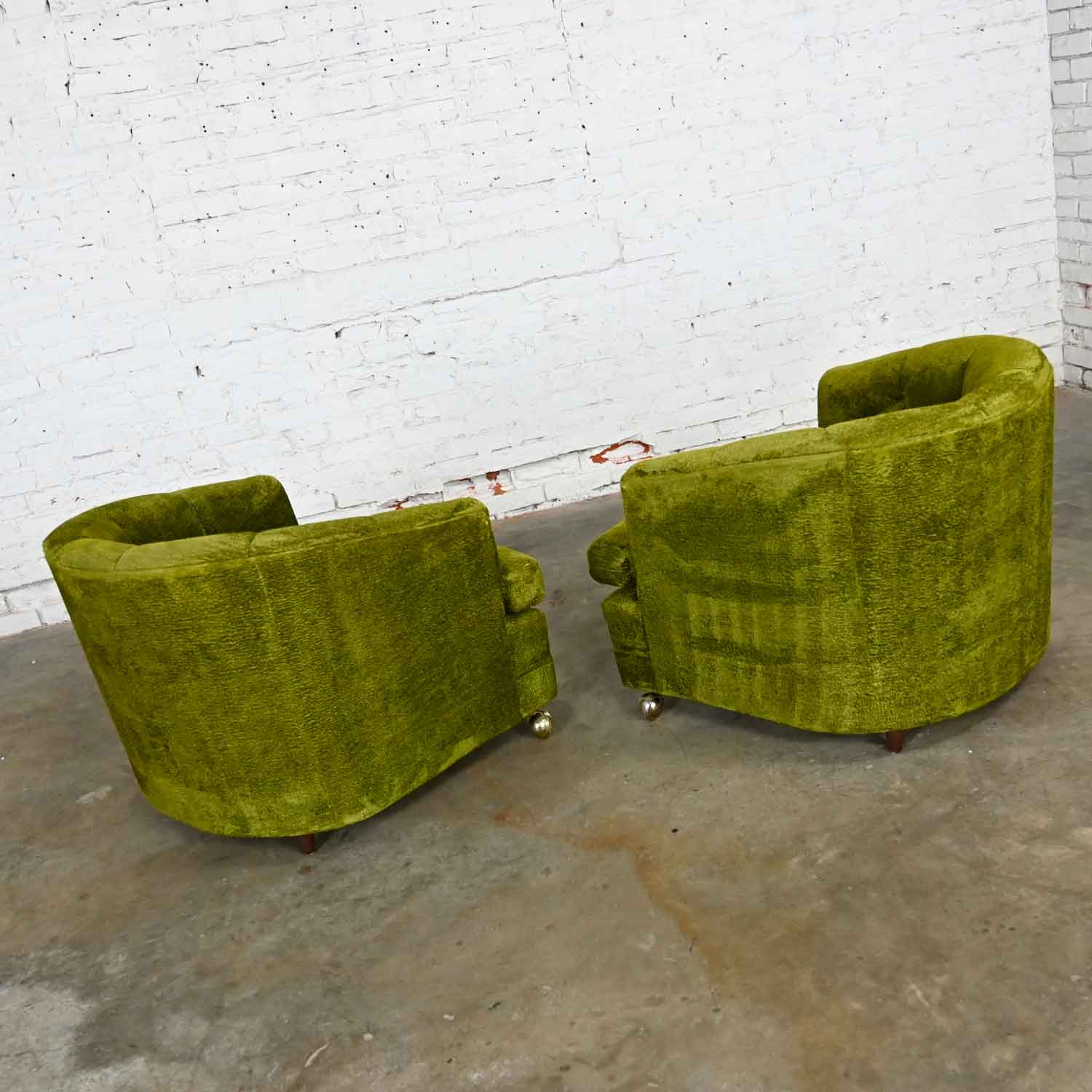 Hollywood Regency Avocado Green Crushed Chenille Button Tufted Barrel Chairs a Pair