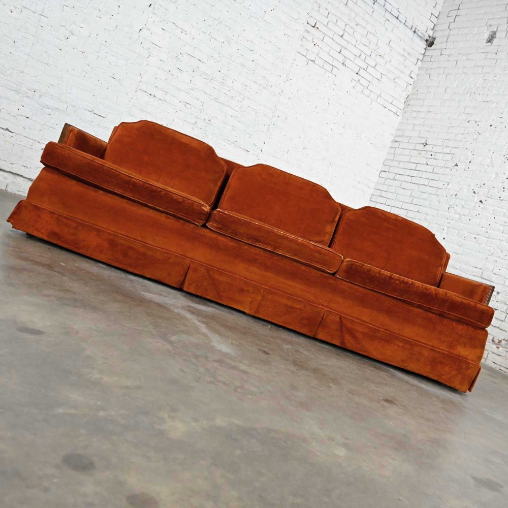 Mid-Century Hollywood Regency Rust Colored Brushed Chenille Lawson Style Sofa Walnut Trim