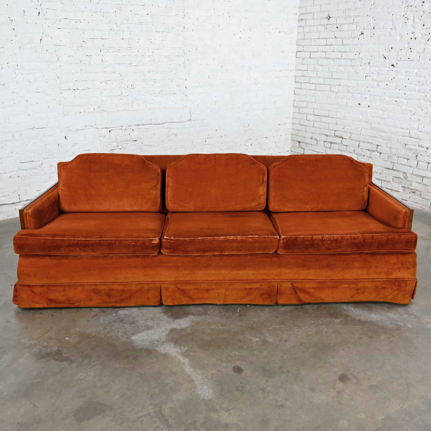 Mid-Century Hollywood Regency Rust Colored Brushed Chenille Lawson Style Sofa Walnut Trim