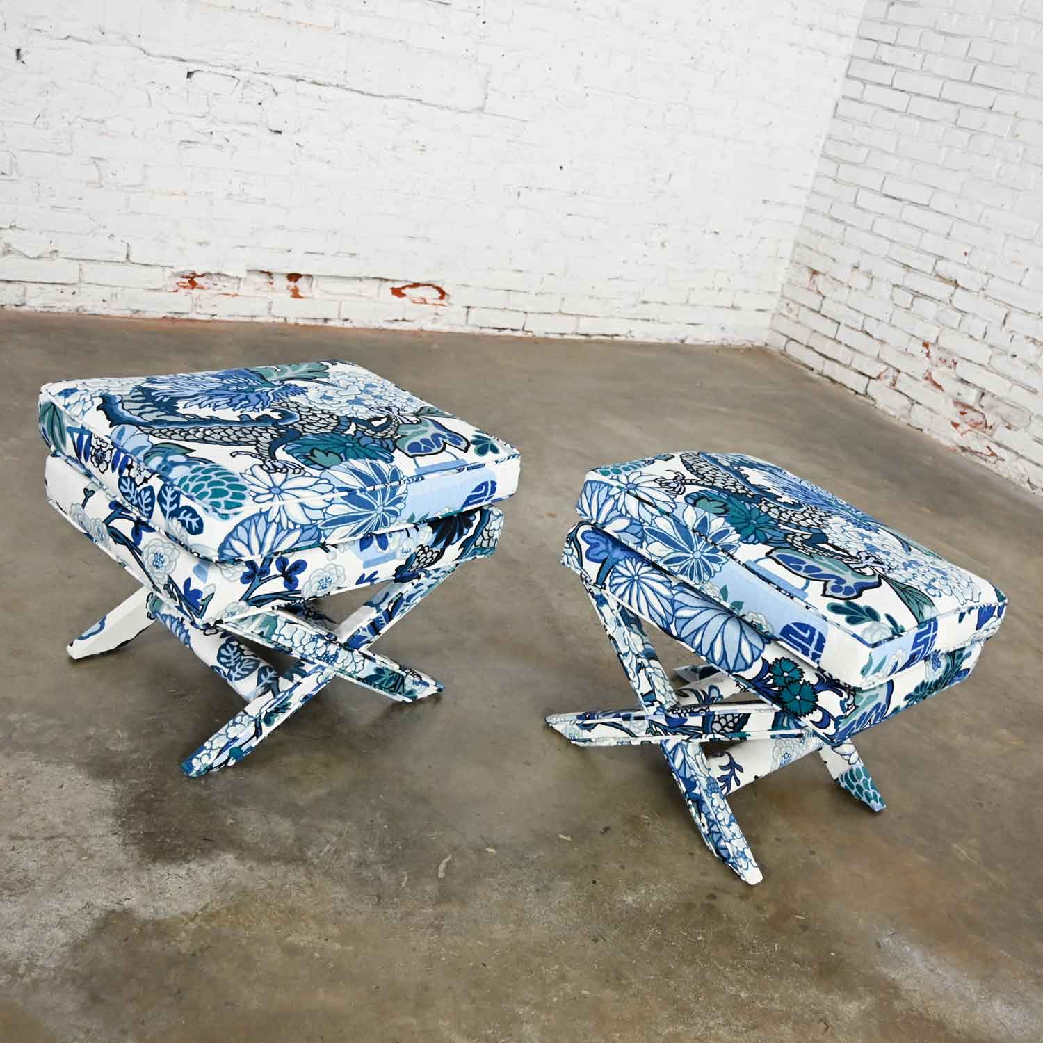 Billy Baldwin Style X Base Benches or Foot Stools with Schumacher China Blue Chiang Mai Dragon Print Fabric
