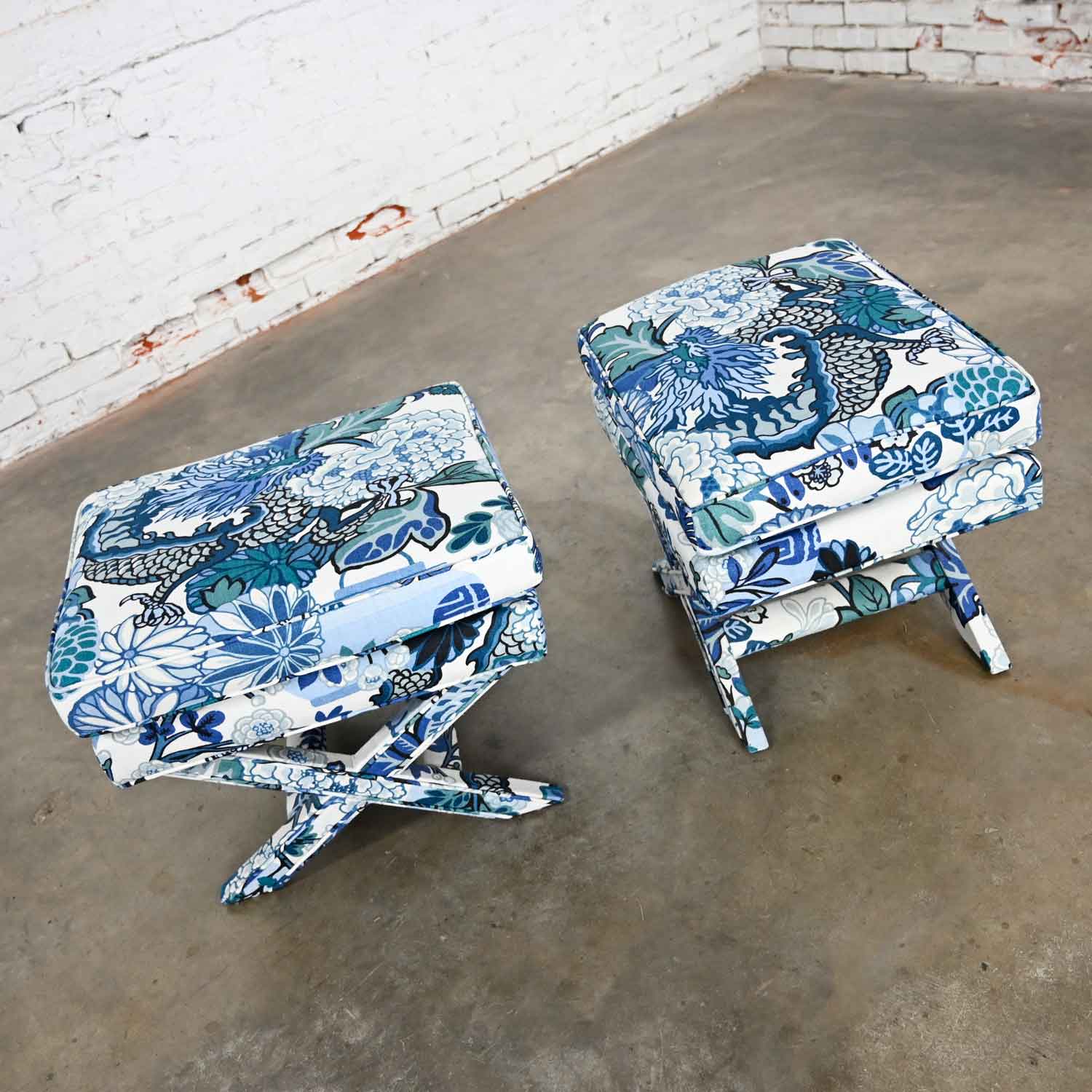 Billy Baldwin Style X Base Benches or Foot Stools with Schumacher China Blue Chiang Mai Dragon Print Fabric