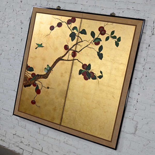 Asian Chinoiserie Framed Gold Leafed Paper Two Panel Screen or Wall Hanging