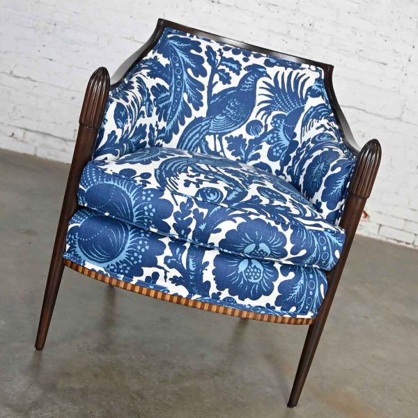 Vintage Baker Deco Lounge Chair by Barbara Barry in Williamsburg by Schumacher Waverly Tucker Resist Batik Linen Fabric Blue & White