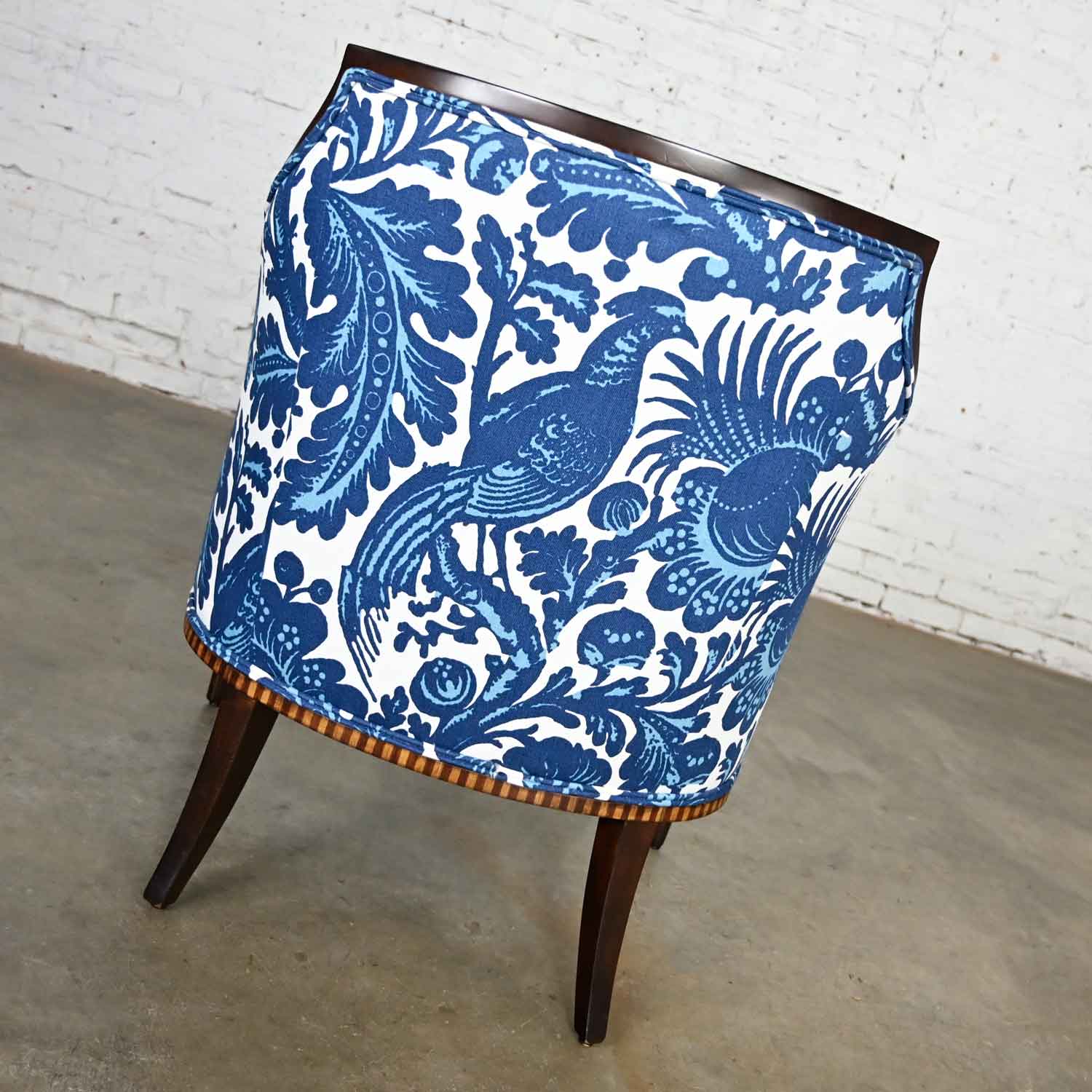 Vintage Baker Deco Lounge Chair by Barbara Barry in Williamsburg by Schumacher Waverly Tucker Resist Batik Linen Fabric Blue & White