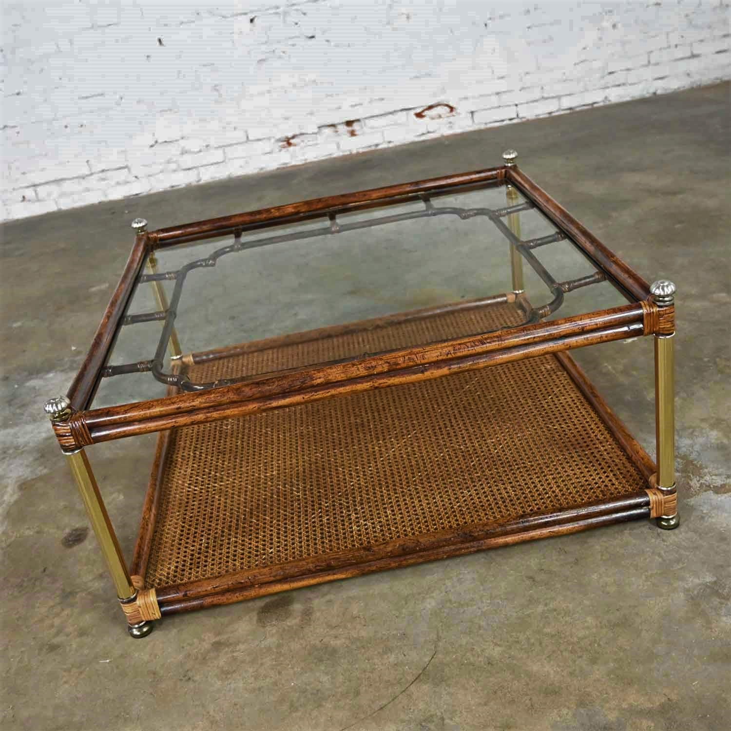 Hollywood Regency Campaign Chinoiserie Style Faux Bamboo Cane & Glass Top Console Coffee Table