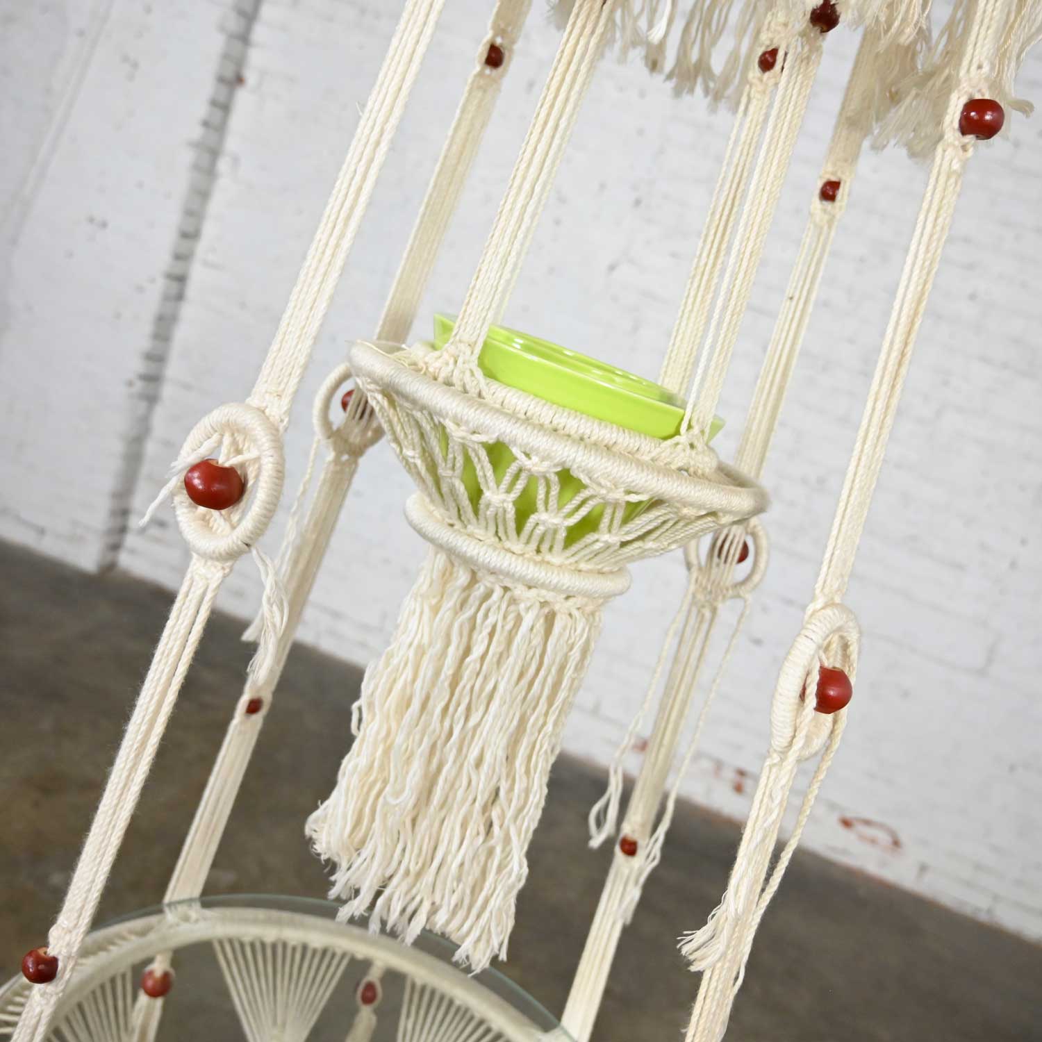 Vintage BoHo Chic White Cord Macramé Hanging Table with Round Glass Top & Green Pot