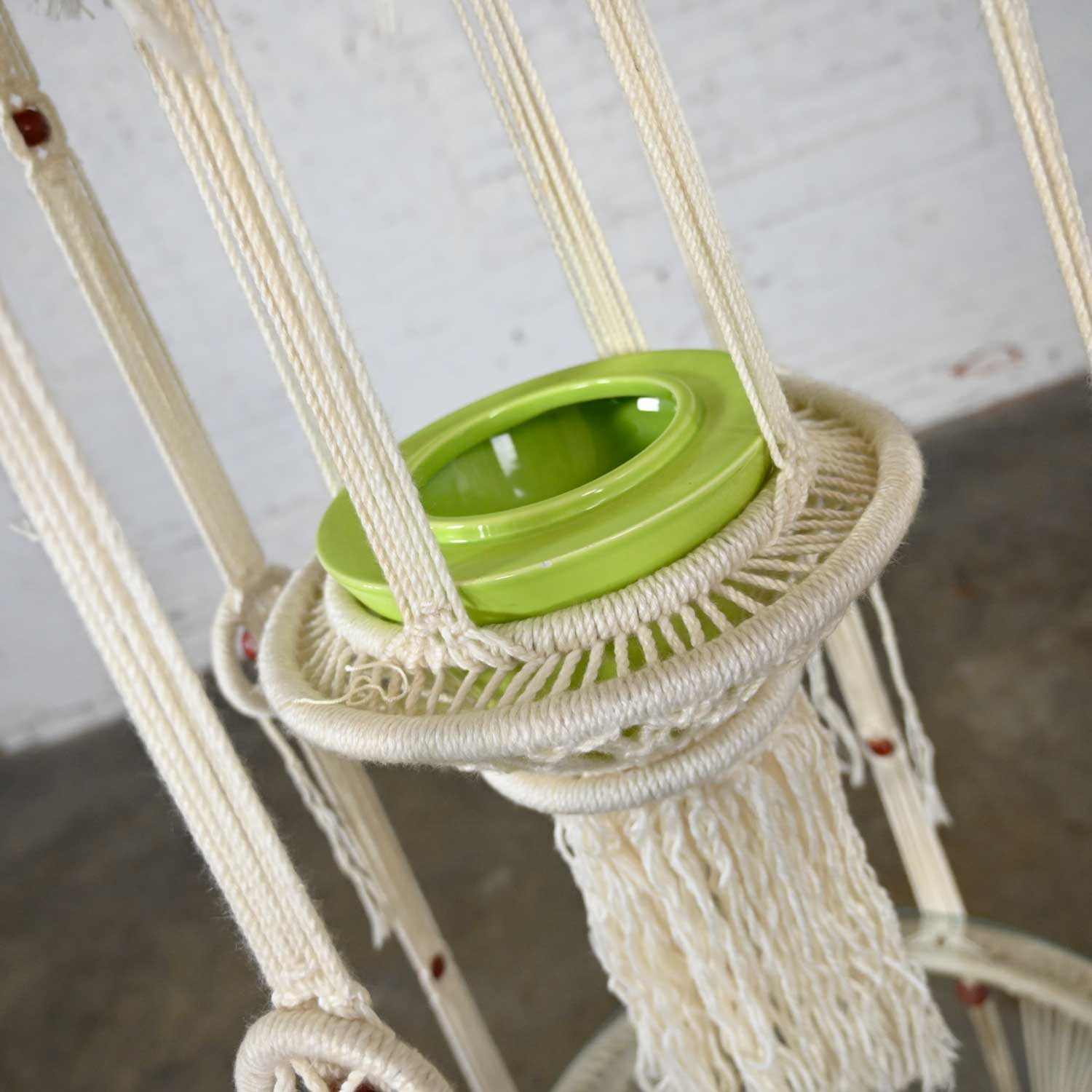 Vintage BoHo Chic White Cord Macramé Hanging Table with Round Glass Top & Green Pot