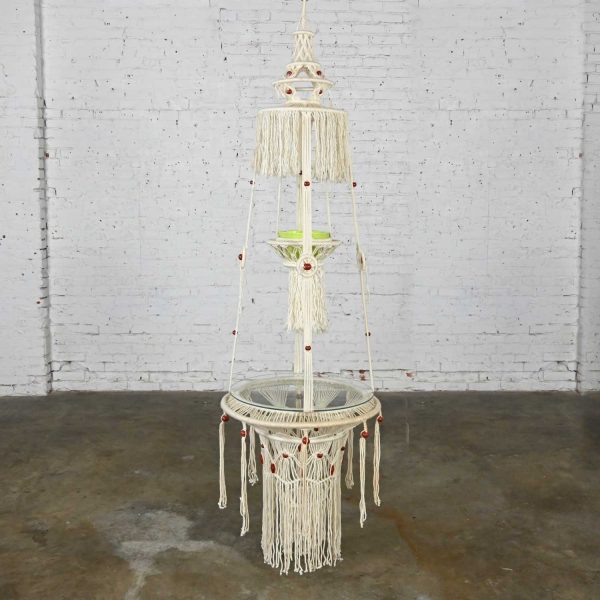 Vintage BoHo Chic White Cord Macramé Hanging Table with Round Glass Top & Green Pot