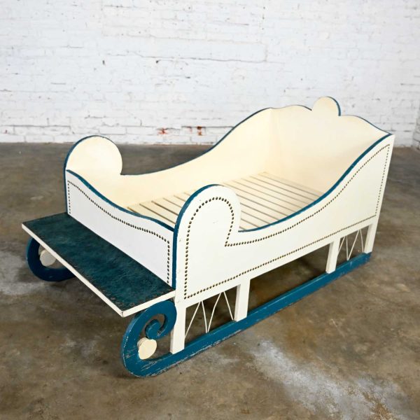 Vintage Toddler or Dog Sleigh Style Bed White with Blue Trim & Nail Head Design