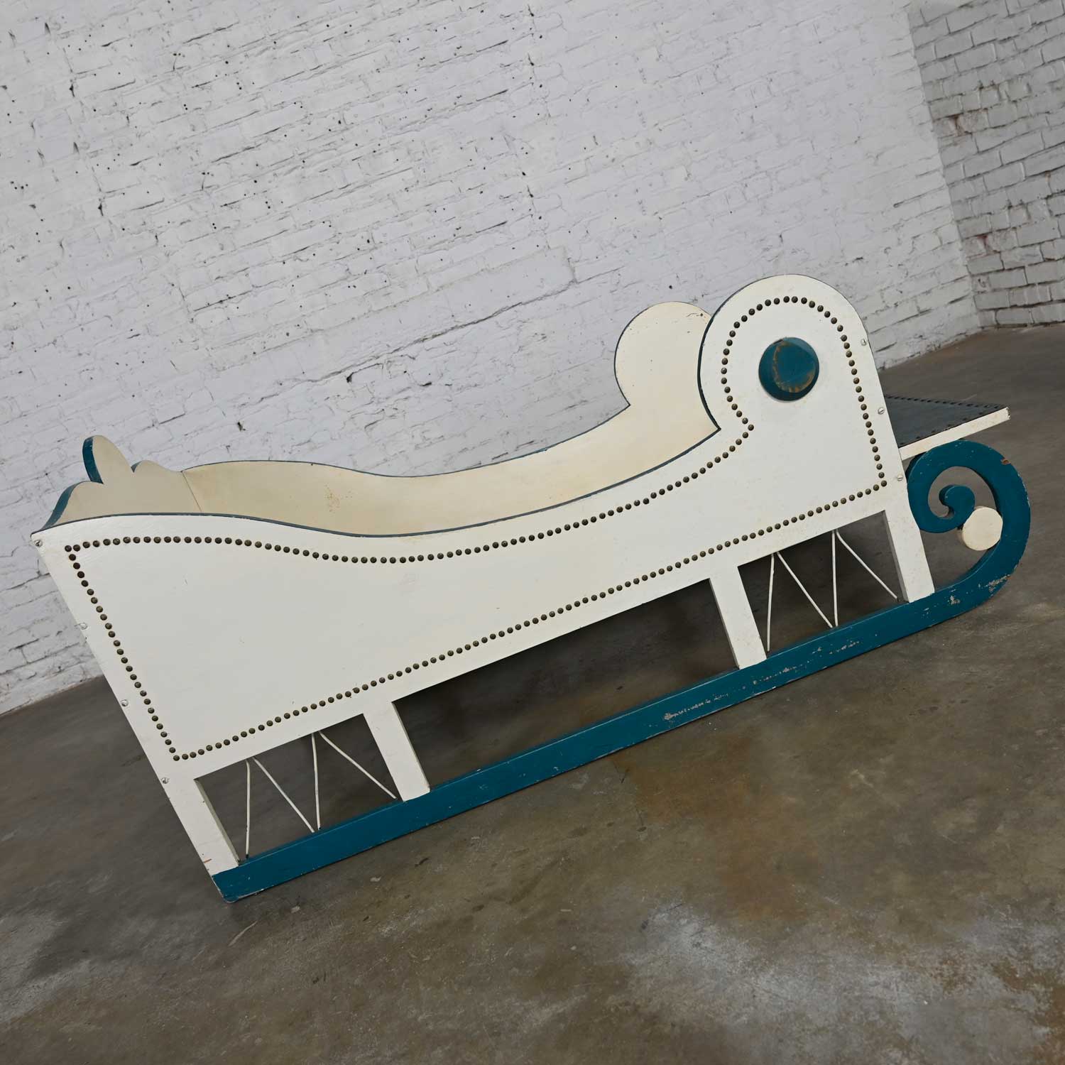 Vintage Toddler or Dog Sleigh Style Bed White with Blue Trim & Nail Head Design