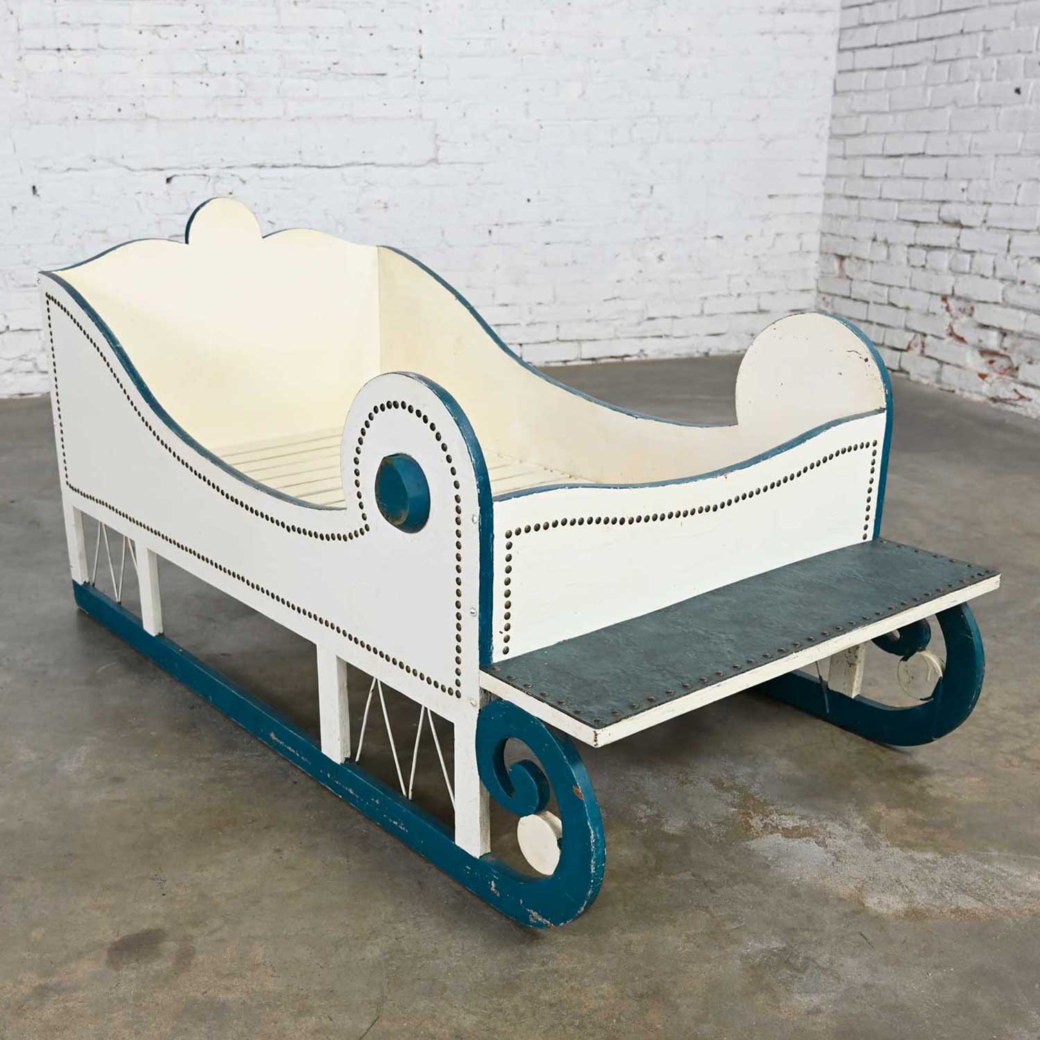 Vintage Toddler or Dog Sleigh Style Bed White with Blue Trim & Nail Head Design
