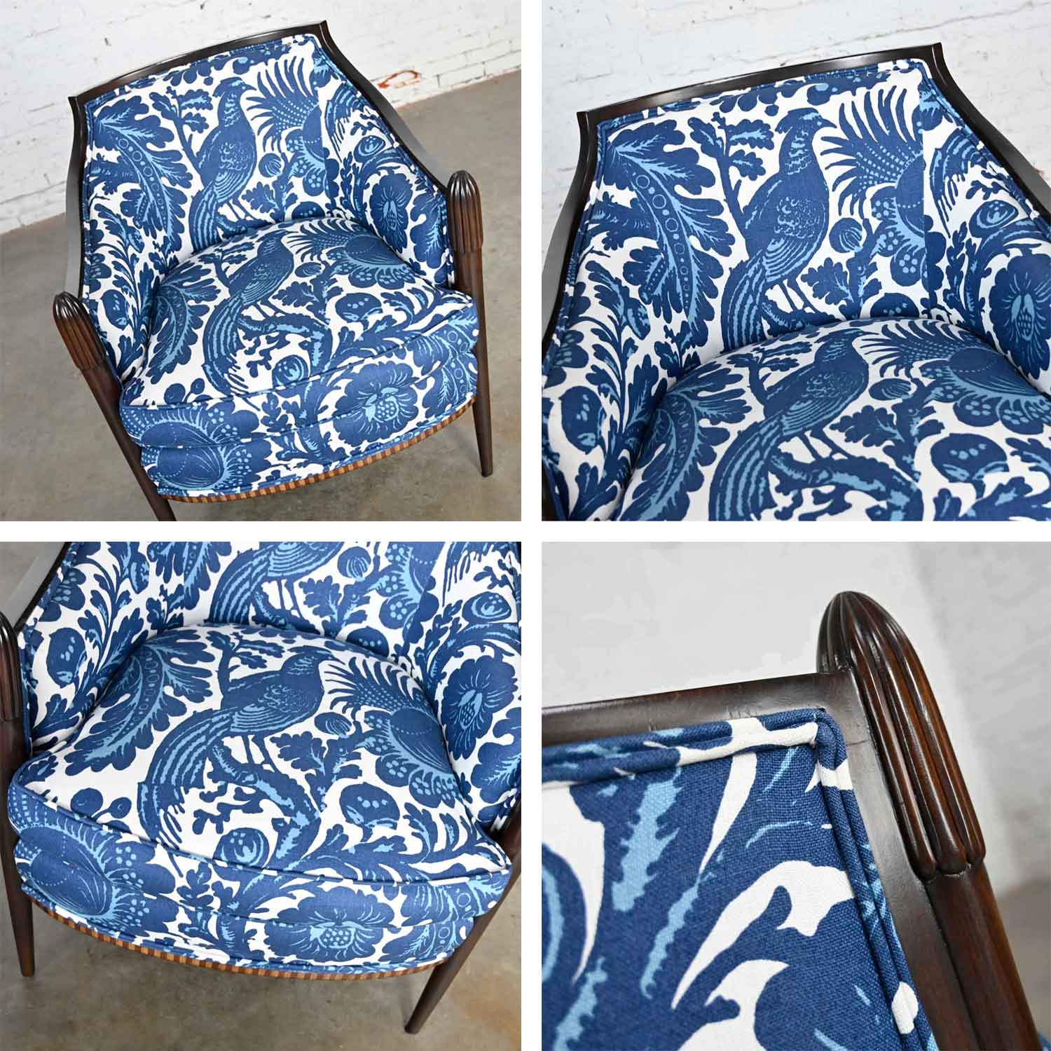 Vintage Baker Deco Lounge Chair by Barbara Barry in Williamsburg by Schumacher Waverly Tucker Resist Batik Linen Fabric Blue & White