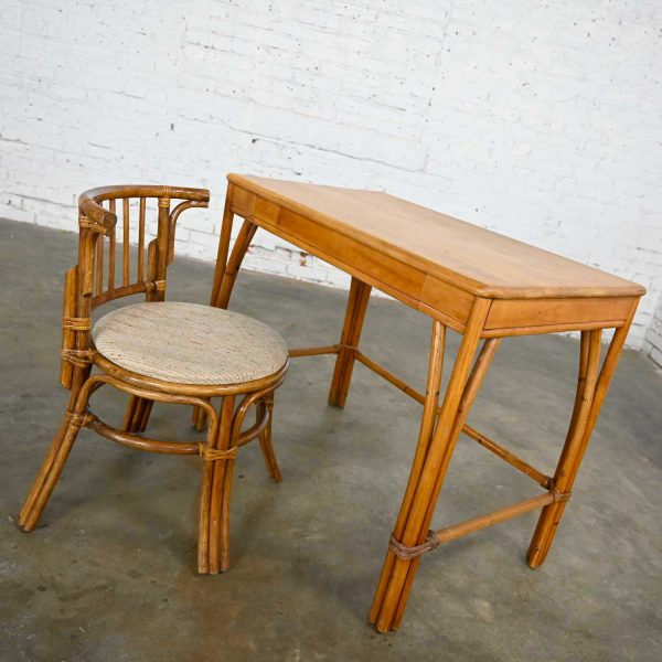 Heywood Wakefield Rattan & Maple Writing Desk Paired with Low Back Chair by Sovereign Furniture