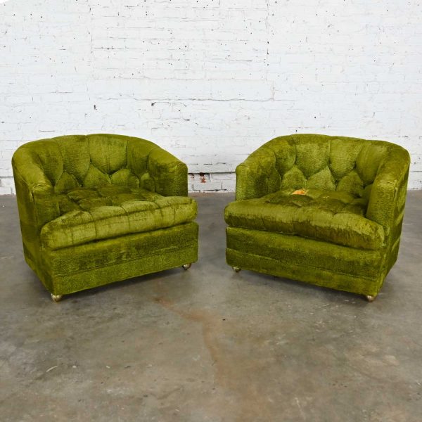 Hollywood Regency Avocado Green Crushed Chenille Button Tufted Barrel Chairs a Pair