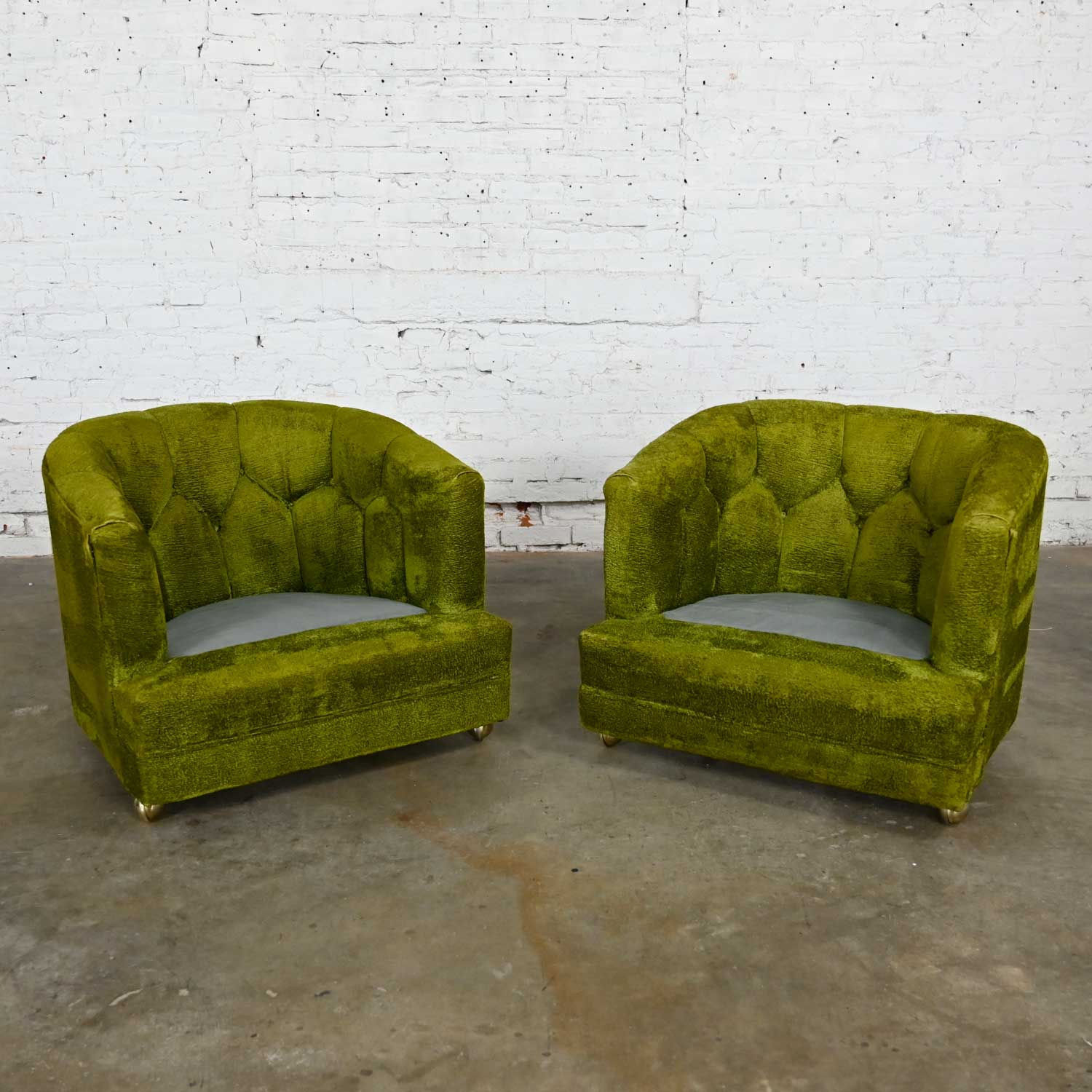 Hollywood Regency Avocado Green Crushed Chenille Button Tufted Barrel Chairs a Pair
