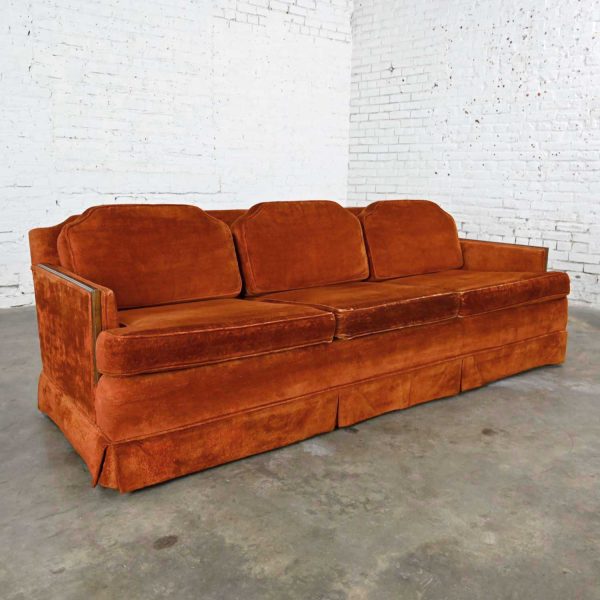 Mid-Century Hollywood Regency Rust Colored Brushed Chenille Lawson Style Sofa Walnut Trim