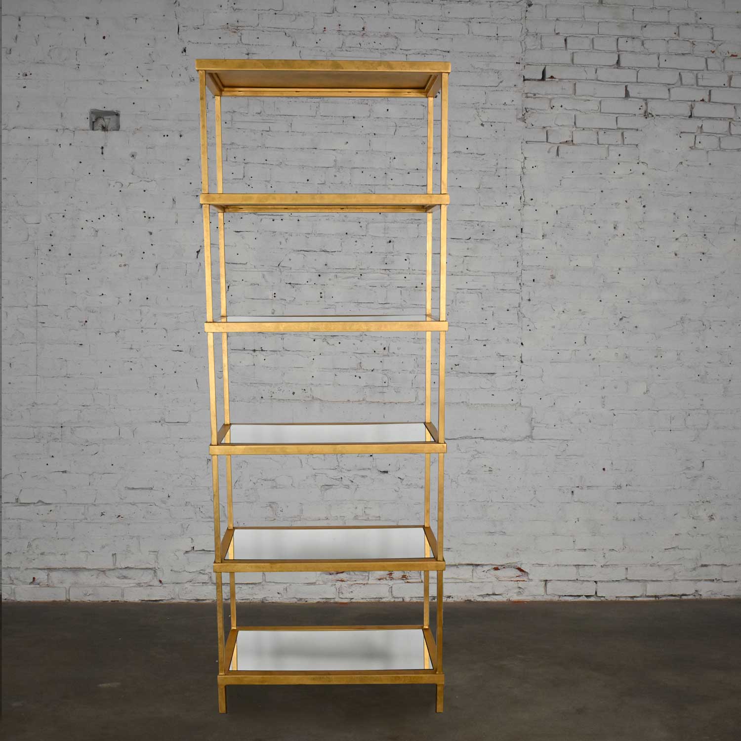 Hollywood Regency Modern Chelsea House Gold Finished Tall Etagere Mirrored Shelves