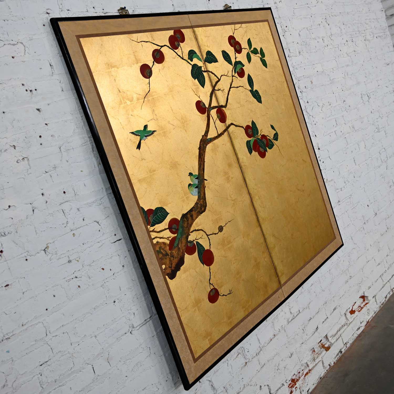 Asian Chinoiserie Framed Gold Leafed Paper Two Panel Screen or Wall Hanging
