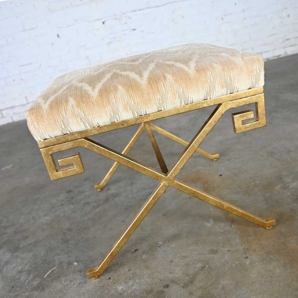 Currey & Co. Circe Ottoman Bench Stool Greek Key Design with Lee Jofa Holland Flame Stitch Porcelain Velvet