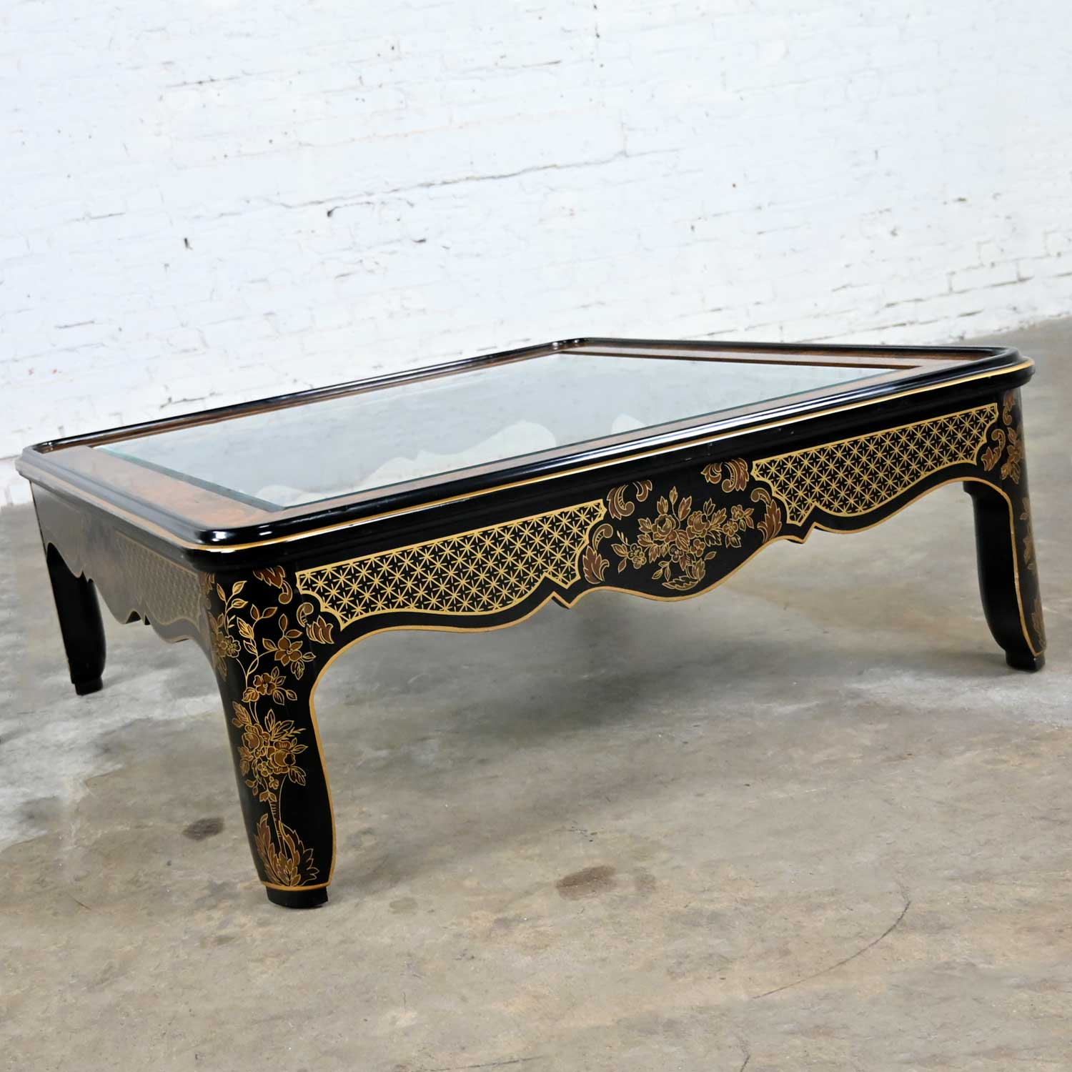 Drexel Heritage ET Cetera Collection Chinoiserie Black & Gold Painted & Burl Coffee Table Glass Insert