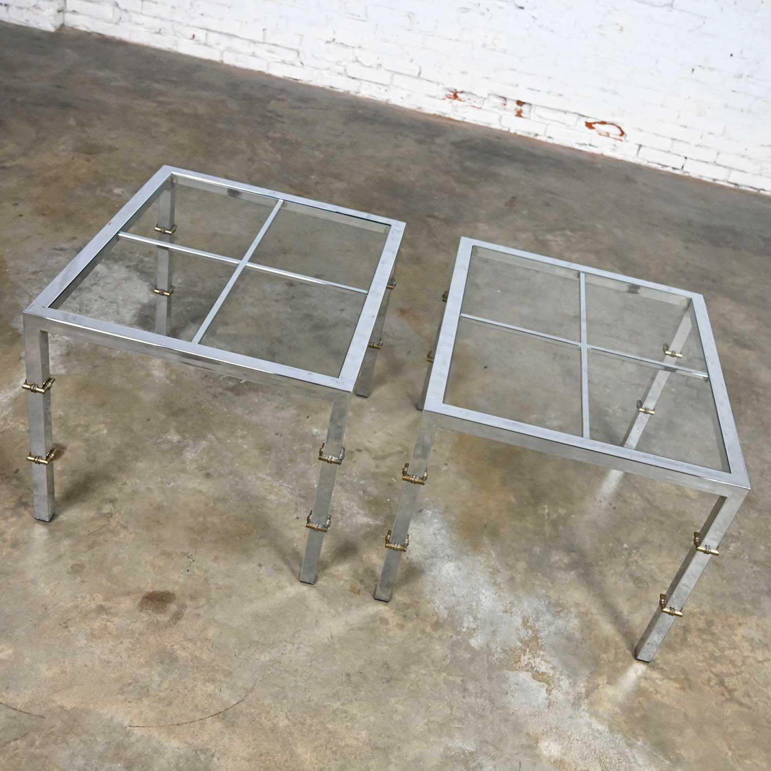 Hollywood Regency Chrome & Glass Square End Tables Brass Details a Pair Style of Maison Jansen
