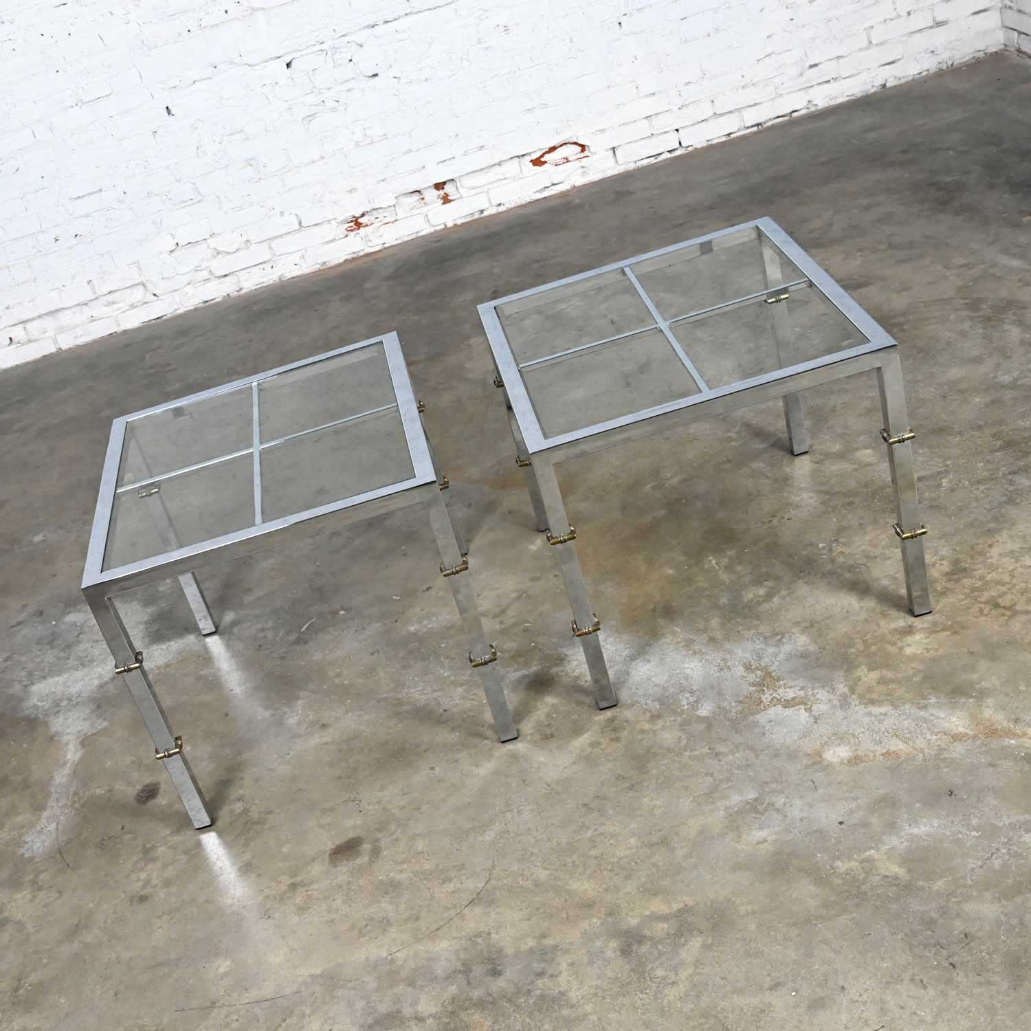 Hollywood Regency Chrome & Glass Square End Tables Brass Details a Pair Style of Maison Jansen