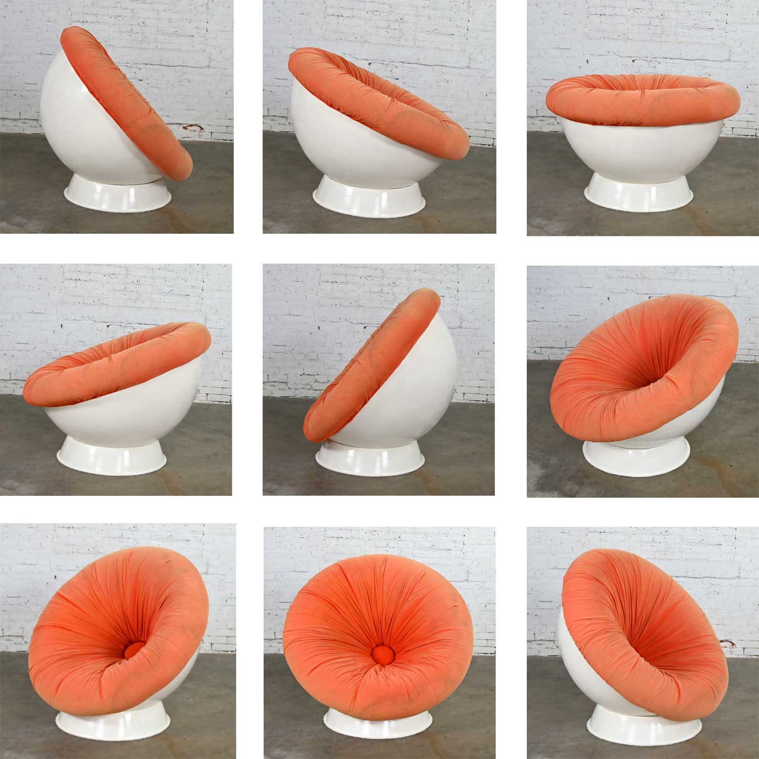 Space Age Mod Style Orange & White Fiberglass Ball Chair Style of Girasole Chair by Luciano Frigerio