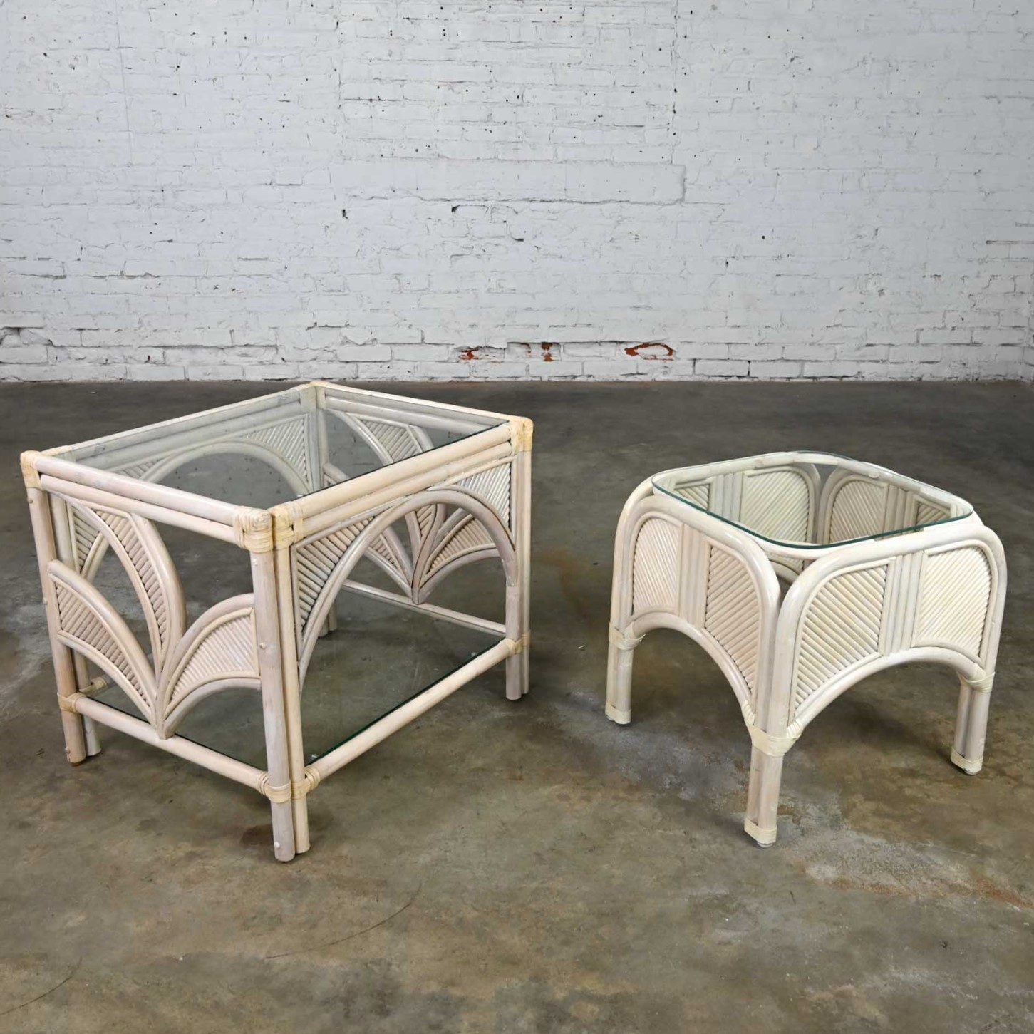 Cerused Reeded Rattan Large & Small End Table Glass Tops a Pair Manner of Gabriella Crespi