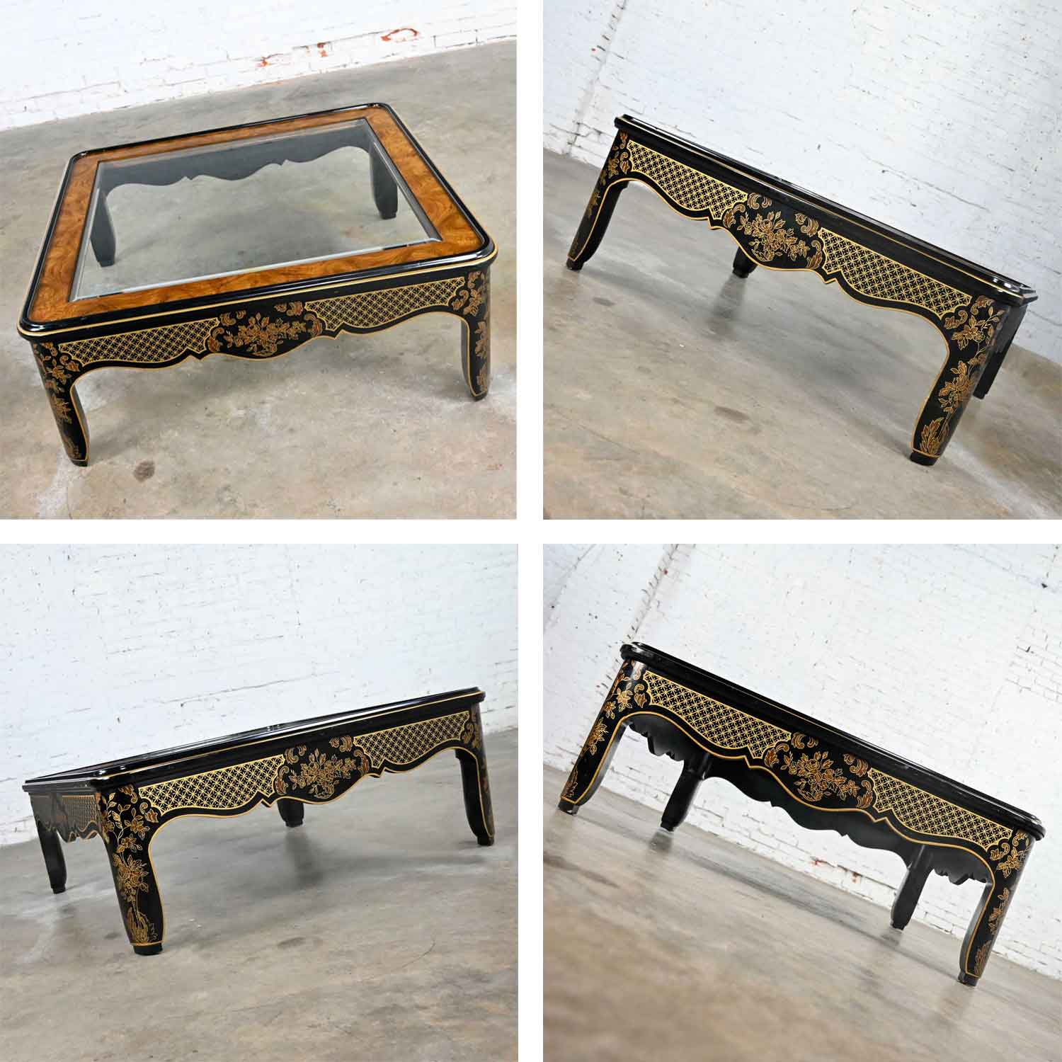 Drexel Heritage ET Cetera Collection Chinoiserie Black & Gold Painted & Burl Coffee Table Glass Insert