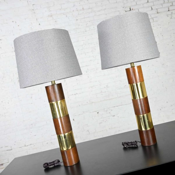 Wood & Brass Plate Banded Pair of Lamps in the Style of Milo Baughman for Thayer Coggin