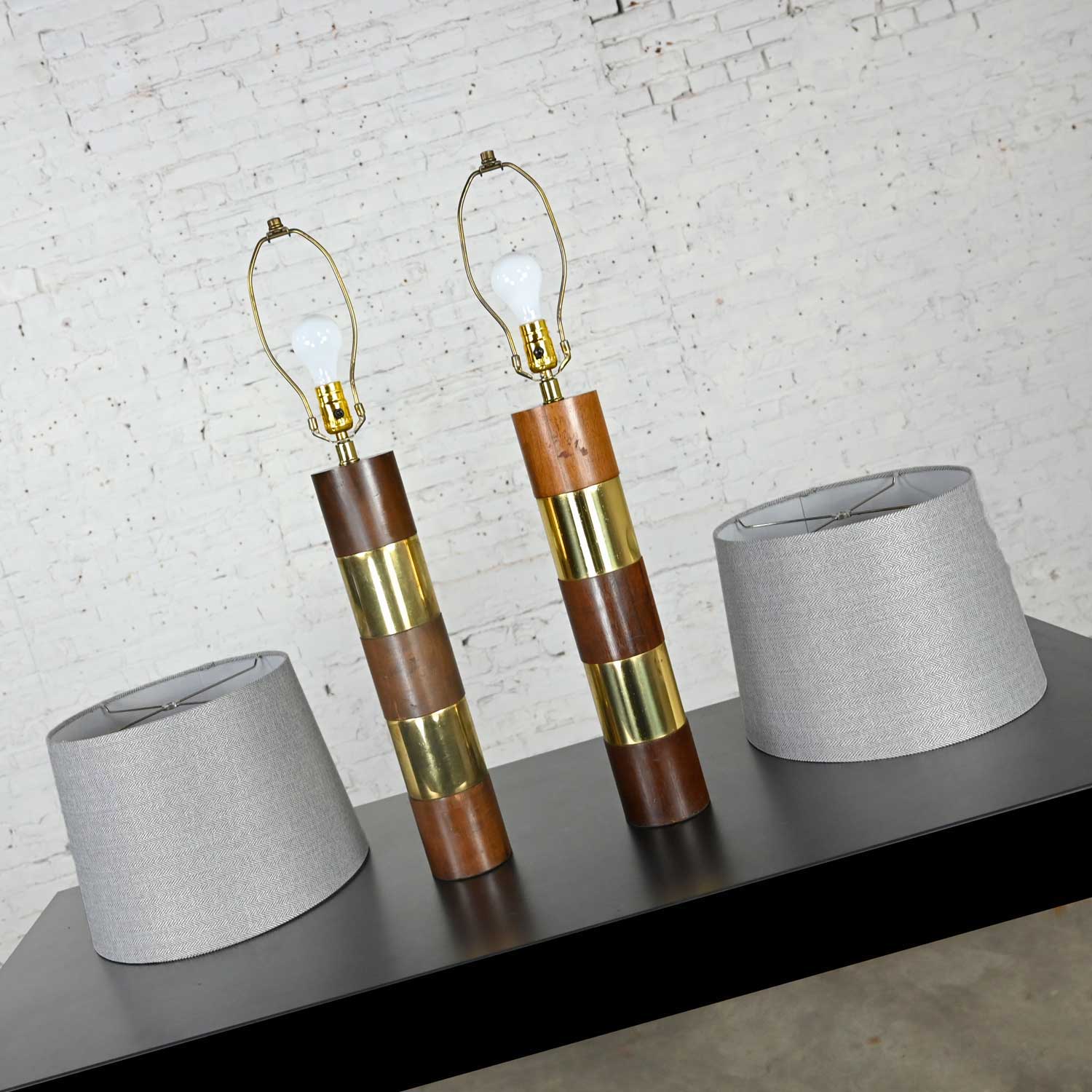 Wood & Brass Plate Banded Pair of Lamps in the Style of Milo Baughman for Thayer Coggin