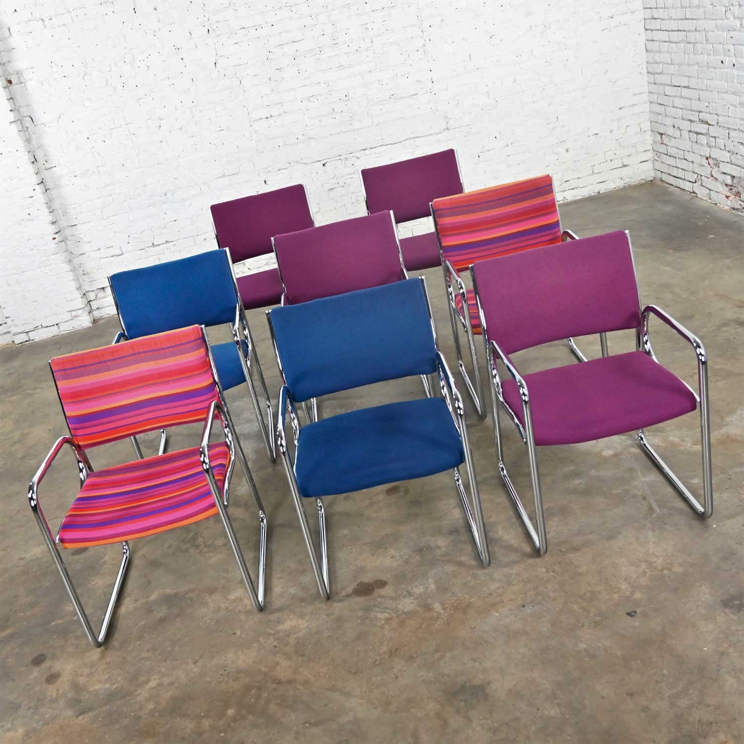 Modern Vecta Chrome Armchairs 4 Purple 2 Blue 2 Multicolored Stripe Set of 8