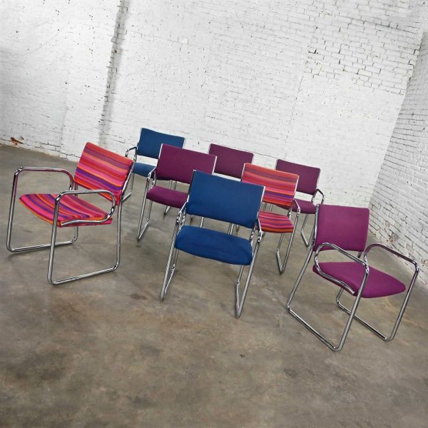 Modern Vecta Chrome Armchairs 4 Purple 2 Blue 2 Multicolored Stripe Set of 8